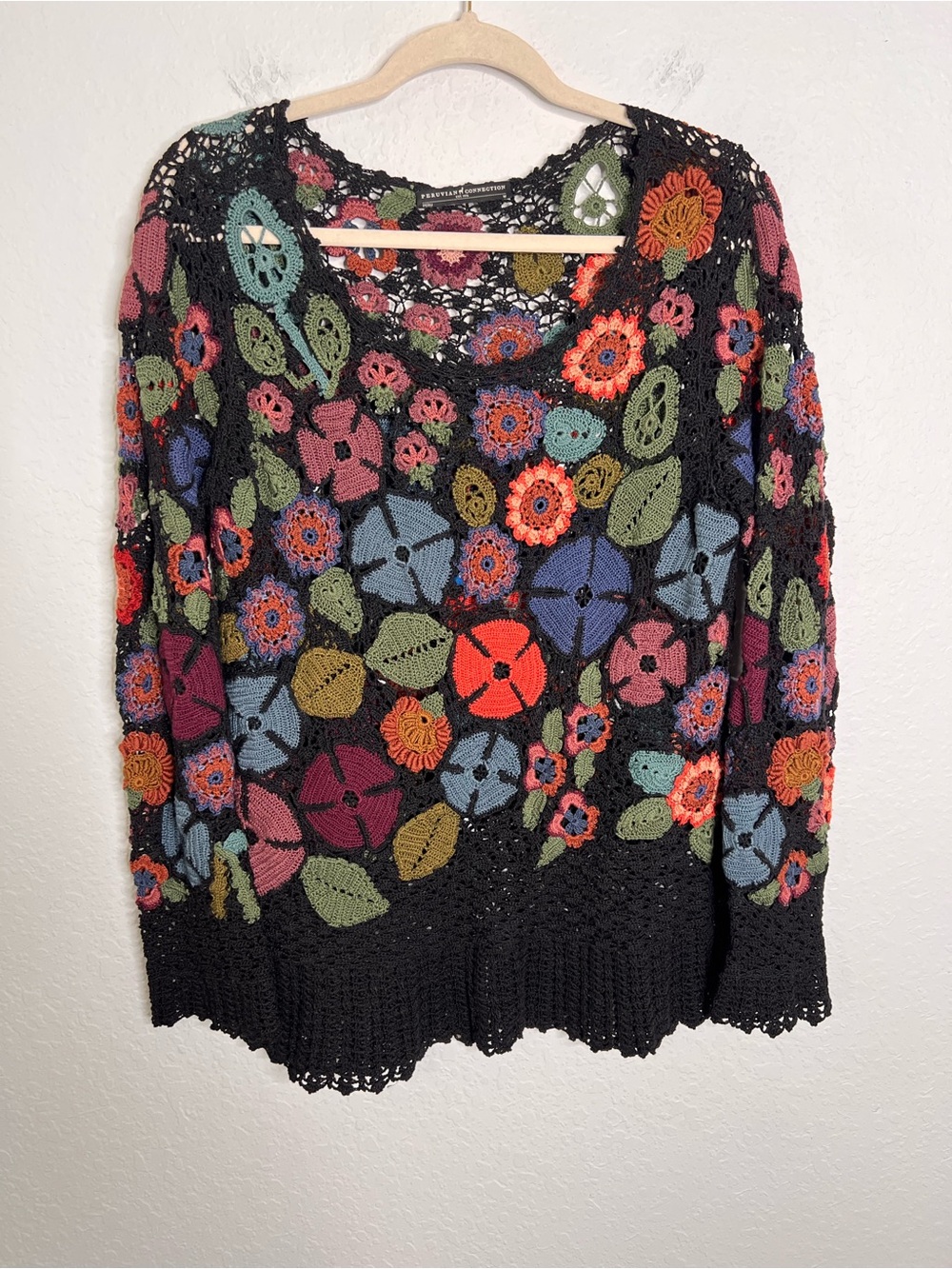 Peruvian Connection Floral Hand Crochet Sweater Pima Pullover Embroidered Rare